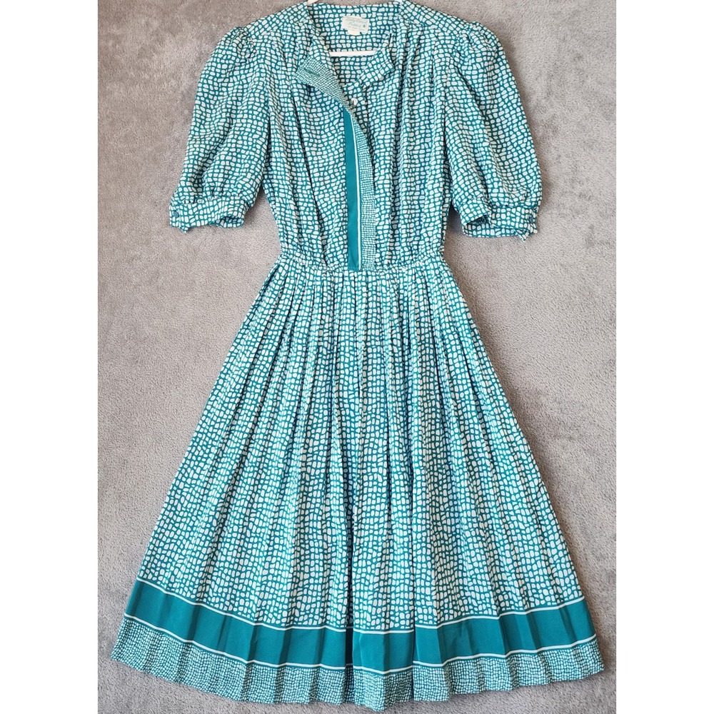 Lady Carol Petites Dress Womens Medium Teal White Abstract Pleated Vintage Midi
